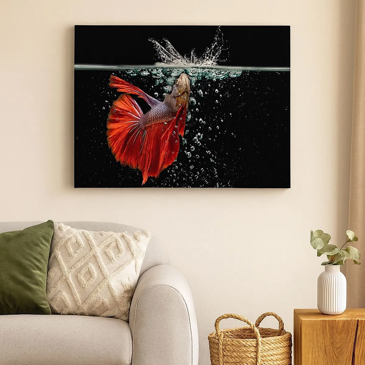 Quadro su tela - Stampe su Tela - Un magnifico betta nell'acqua su uno sfondo scuro - 70x50cm - Hai tre desideri - Decorazione murale moderna per soggiorno e camera da letto ARTTOR