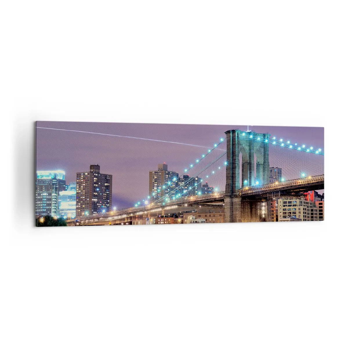 Quadro su tela - Stampe su Tela - Ponte di Brooklyn di notte con la città illuminata sullo sfondo - 160x50cm - Da tanti anni il ponte di Brooklyn - Decorazione murale moderna per soggiorno e camera da letto ARTTOR