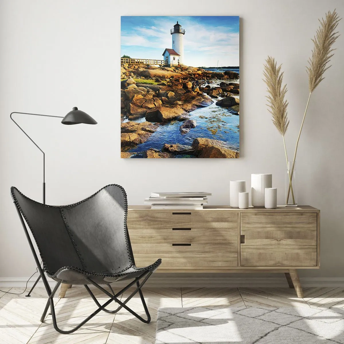 Quadro su vetro - Un faro su una costa rocciosa in una giornata di sole - 80x120cm - Tornate sani e salvi, vi aspetto - Decorazione murale moderna per soggiorno e camera da letto ARTTOR