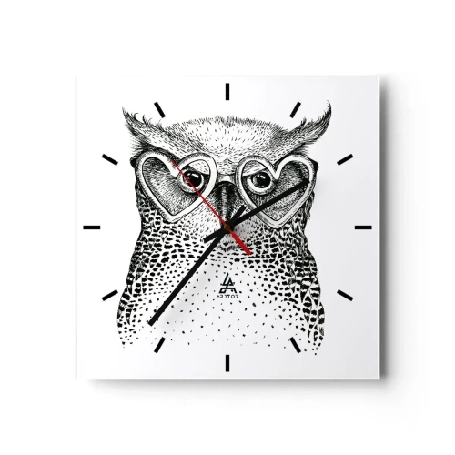 Orologio da parete - Orologio in Vetro - Grafica elegante di un gufo che indossa occhiali a forma di cuore - 30x30cm - Saggiamente e con amore - Decorazione murale moderna per soggiorno e camera da letto ARTTOR