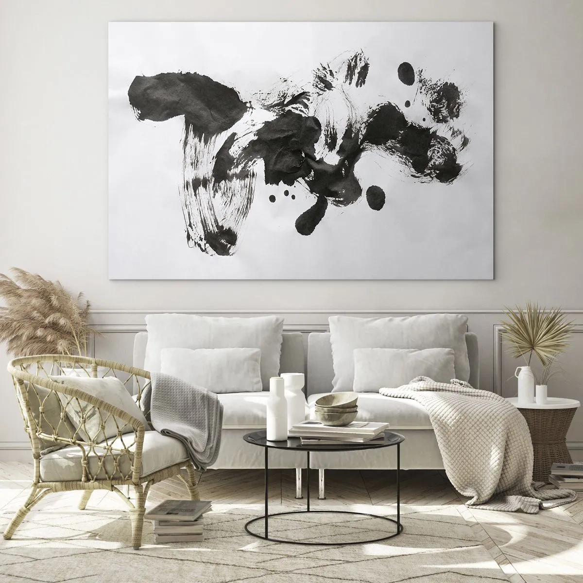 Quadro su vetro - Macchia nera astratta e pennellate su sfondo bianco - 100x70cm - C'è un senso nella follia? - Decorazione murale moderna per soggiorno e camera da letto ARTTOR