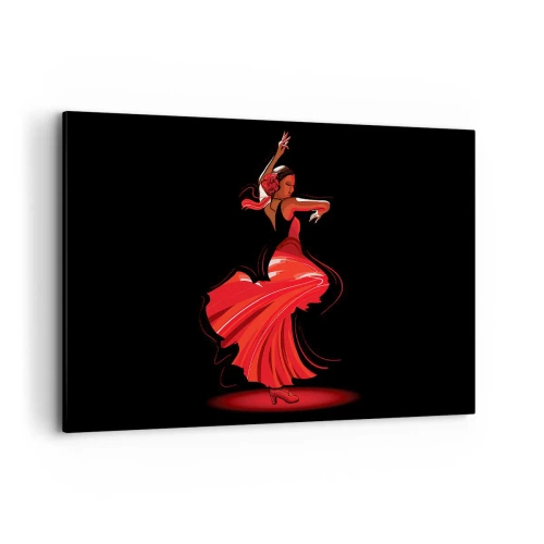 Quadro su tela - Stampe su Tela - Ballerina di flamenco in abito rosso su sfondo nero - 120x80cm - Lo spirito focoso del flamenco - Decorazione murale moderna per soggiorno e camera da letto ARTTOR