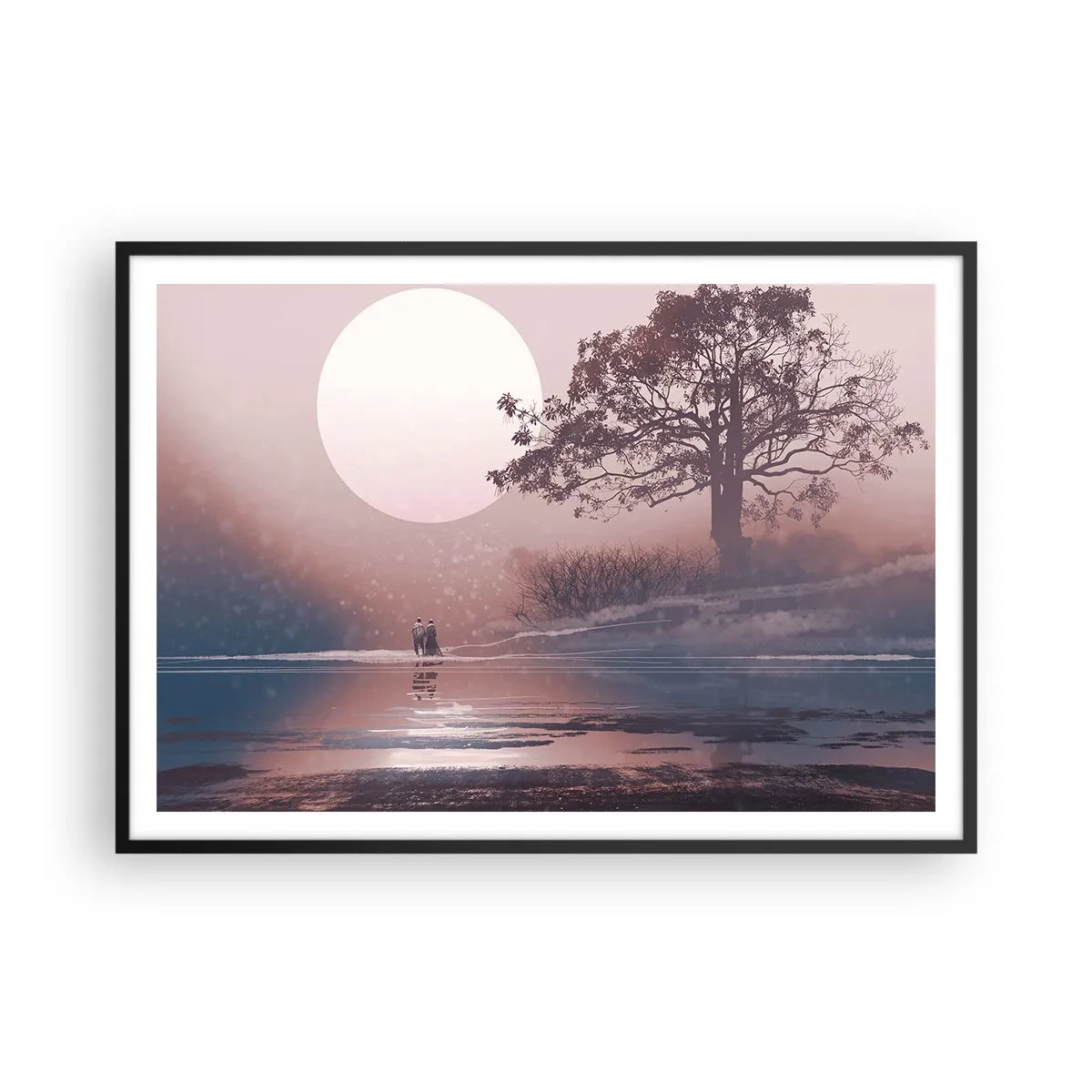 Poster in cornice nera - Scena romantica con la luna e un albero in riva all'acqua - 100x70cm - Meraviglie della notte - Decorazione murale moderna per soggiorno e camera da letto ARTTOR