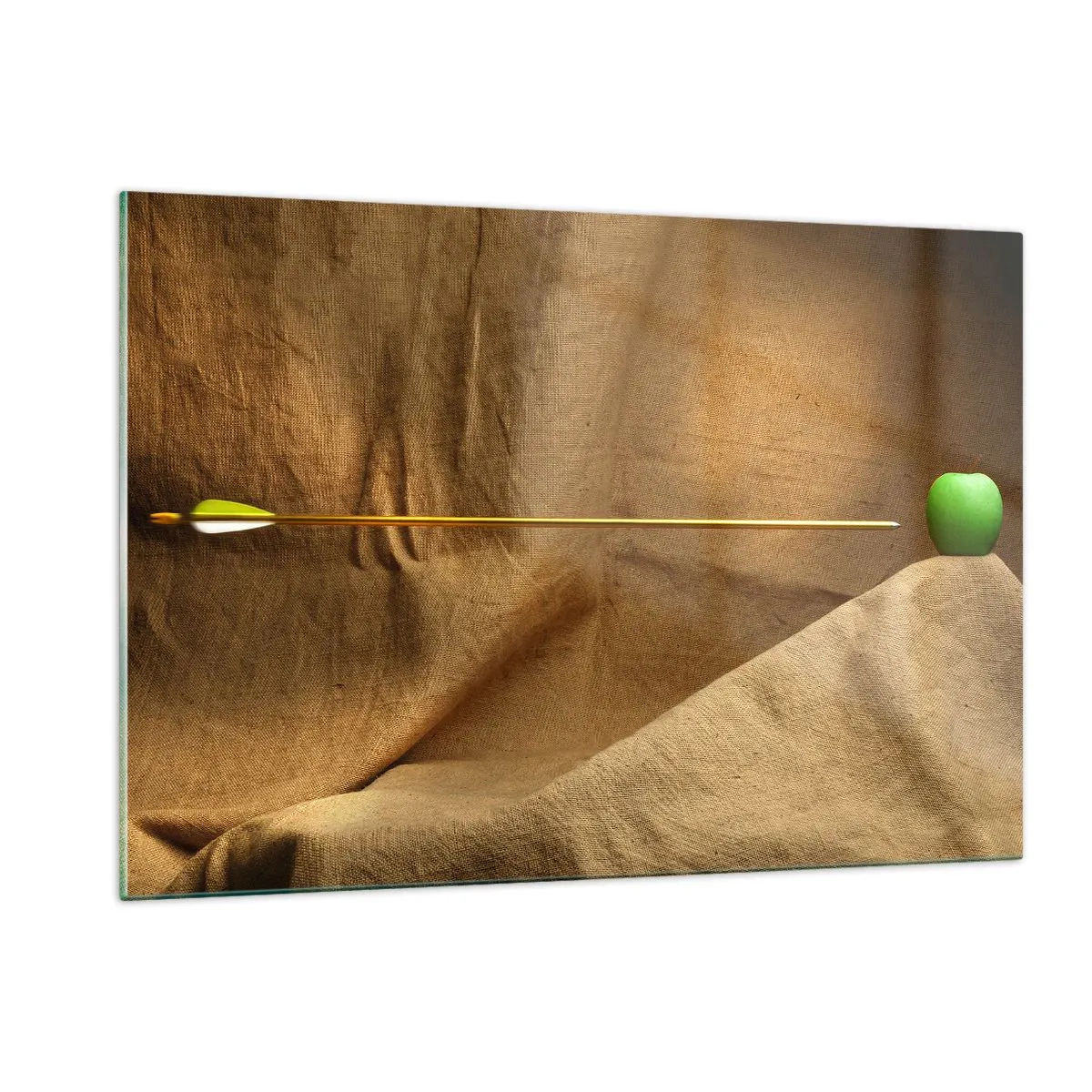 Quadro su vetro - Una mela verde su sfondo beige con una freccia che la trafigge. - 120x80cm - Evocare lo spirito di Guglielmo Tell - Decorazione murale moderna per soggiorno e camera da letto ARTTOR