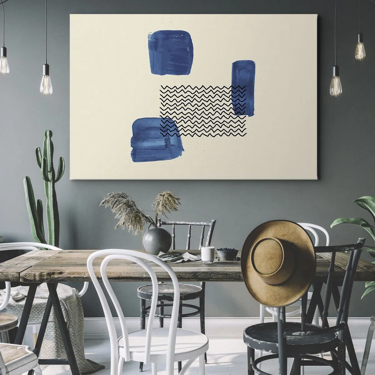 Quadro su tela - Stampe su Tela - Composizione astratta con macchie blu e linee ondulate - 70x50cm - Quartetto astratto - Decorazione murale moderna per soggiorno e camera da letto ARTTOR