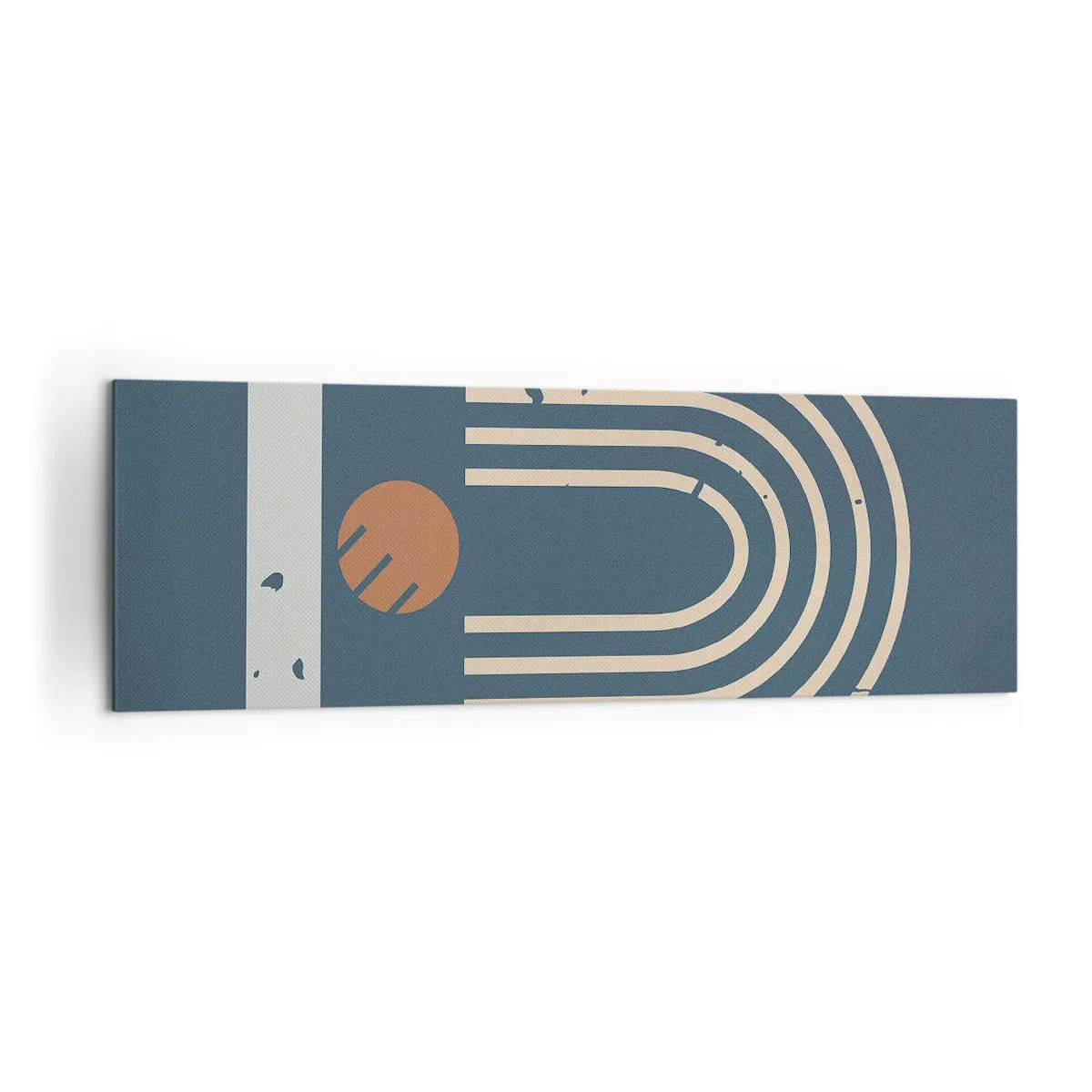 Quadro su tela - Stampe su Tela - Motivo geometrico nei toni del blu navy, beige e arancione su sfondo scuro - 160x50cm - Geometria in blu - Decorazione murale moderna per soggiorno e camera da letto ARTTOR