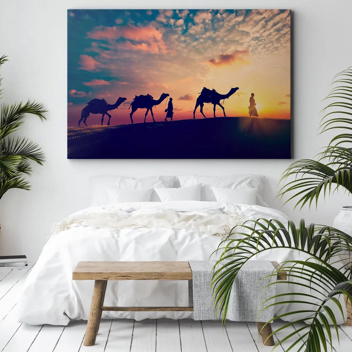 Quadro su tela - Stampe su Tela - Una carovana di cammelli che vaga nel deserto al tramonto - 100x70cm - Il misterioso spirito d'oriente - Decorazione murale moderna per soggiorno e camera da letto ARTTOR