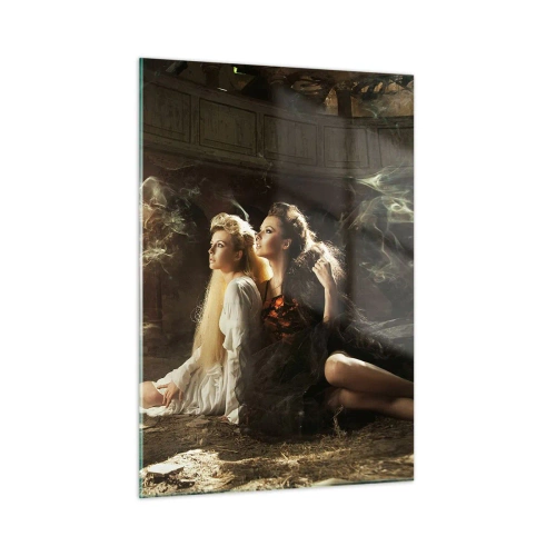 Quadro su vetro - Due donne con una fenice ardente in un ambiente magico - 50x70cm - Ed è diventata poesia - Decorazione murale moderna per soggiorno e camera da letto ARTTOR