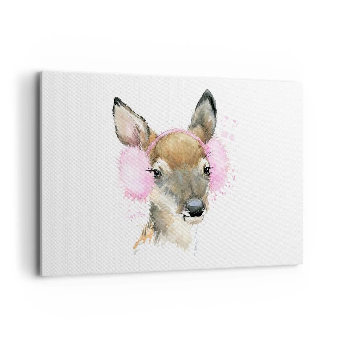 Quadro su tela - Stampe su Tela - Cervo acquerello con paraorecchie rosa - 120x80cm - E il gelo non mette più paura - Decorazione murale moderna per soggiorno e camera da letto ARTTOR