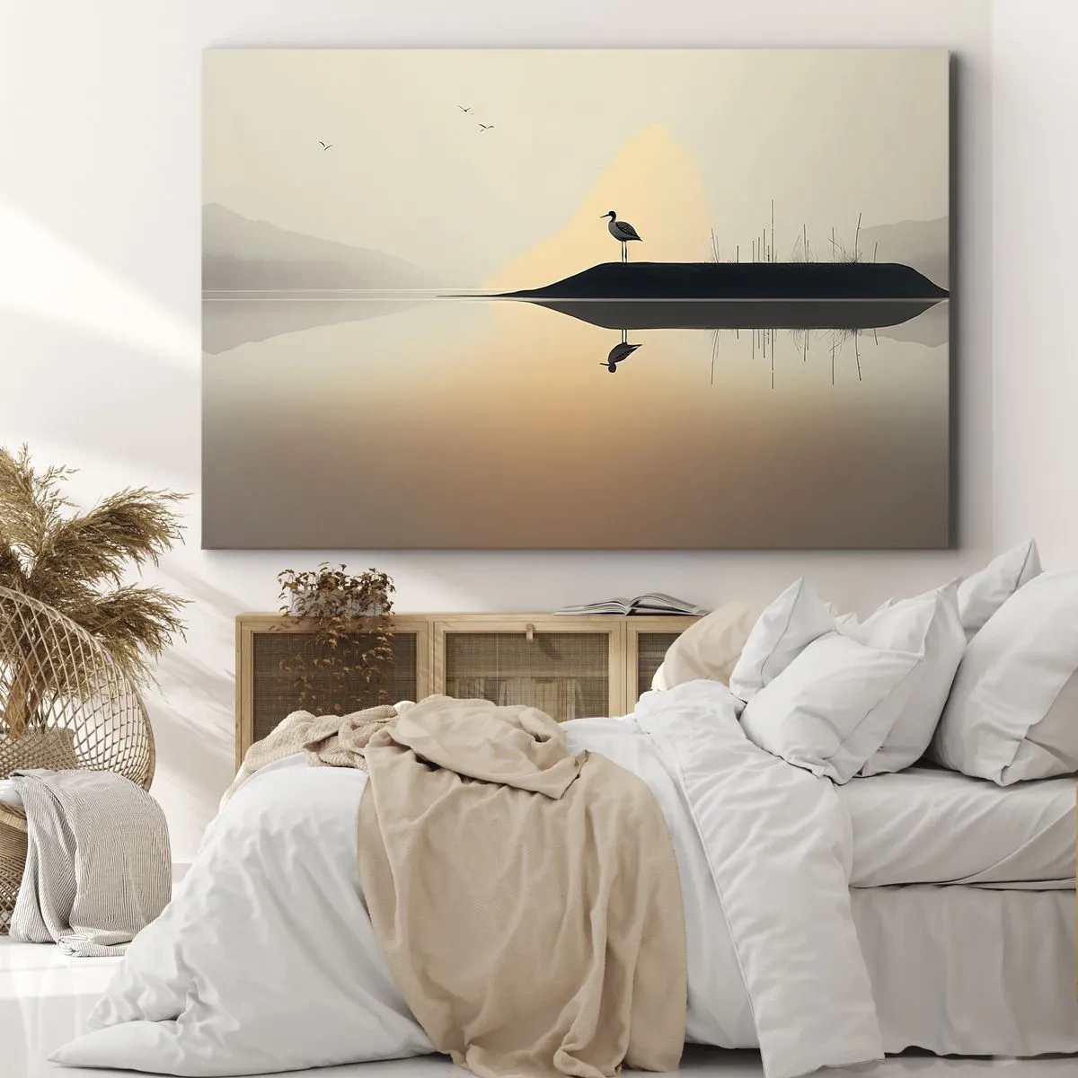 Quadro su tela - Stampe su Tela - Un uccello su un'isola in un lago calmo con tonalità calde - 120x80cm - Il signore del lago - Decorazione murale moderna per soggiorno e camera da letto ARTTOR