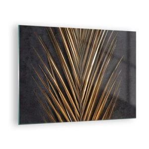 Quadro su vetro - Foglia di palma dorata su sfondo scuro - 70x50cm - L'oro dei tropici - Decorazione murale moderna per soggiorno e camera da letto ARTTOR