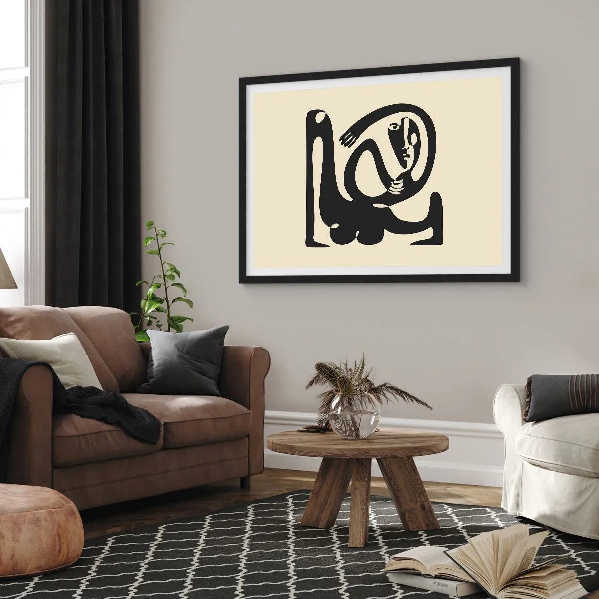 Poster in cornice nera - Una figura astratta in nero su uno sfondo beige - 100x70cm - Quasi Picasso - Decorazione murale moderna per soggiorno e camera da letto ARTTOR