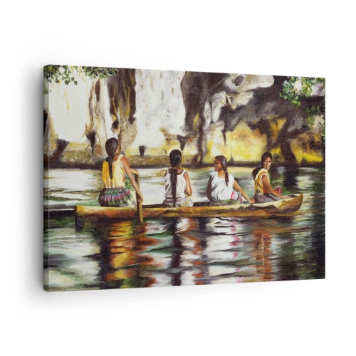 Quadro su tela - Stampe su Tela - Donne in barca su un fiume calmo con uno sfondo pittoresco - 70x50cm - Nel paradiso della Polinesia - Decorazione murale moderna per soggiorno e camera da letto ARTTOR