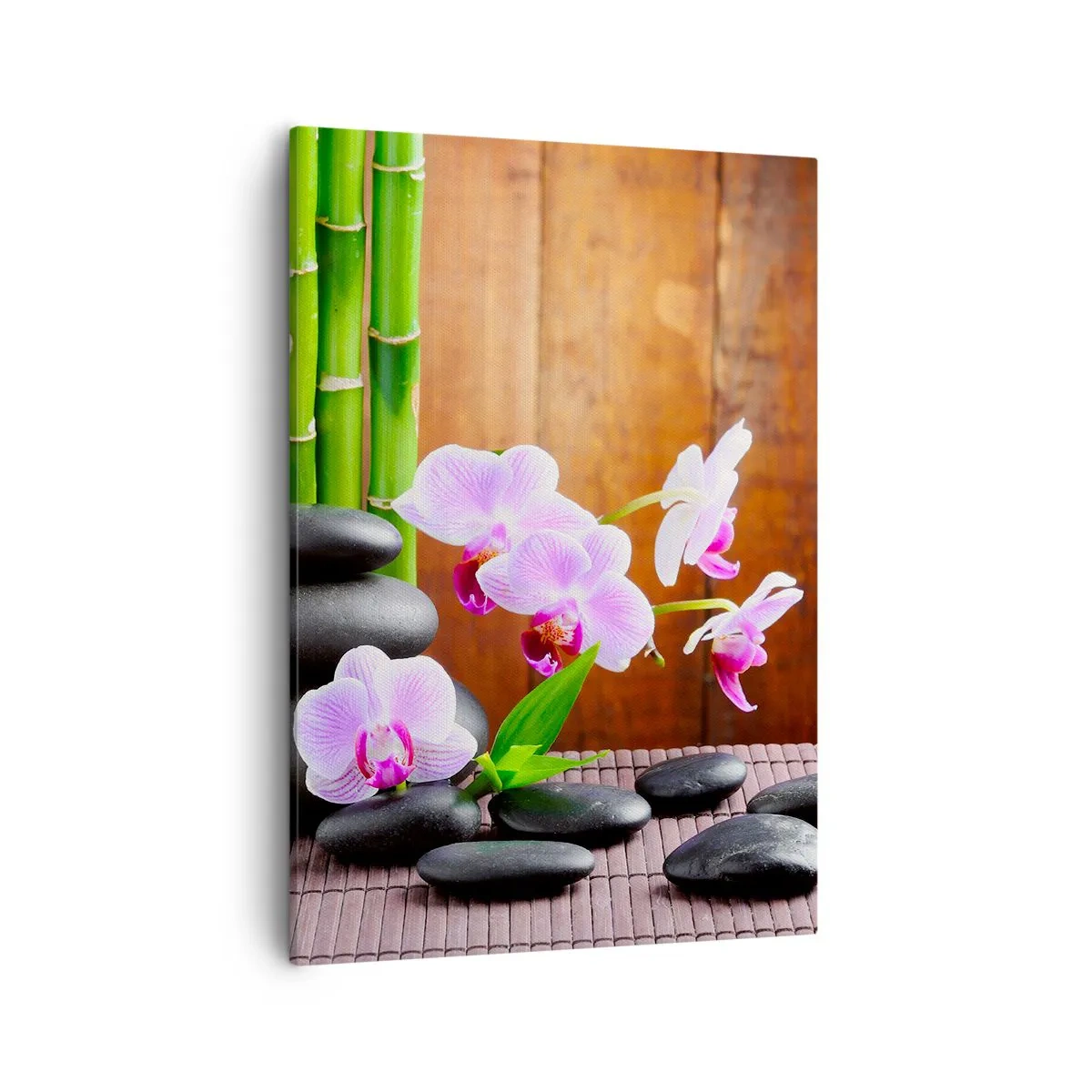 Quadro su tela - Stampe su Tela - Bambù in stile zen, pietre e orchidee rosa su uno sfondo di legno - 50x70cm - Scopri i piaceri dell'oriente - Decorazione murale moderna per soggiorno e camera da letto ARTTOR