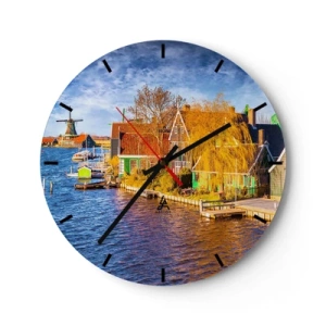 Orologio da parete - Orologio in Vetro - Paesaggio olandese con mulino a vento e case - 30x30cm - Da secoli immutabile - Decorazione murale moderna per soggiorno, cucina e camera da letto ARTTOR
