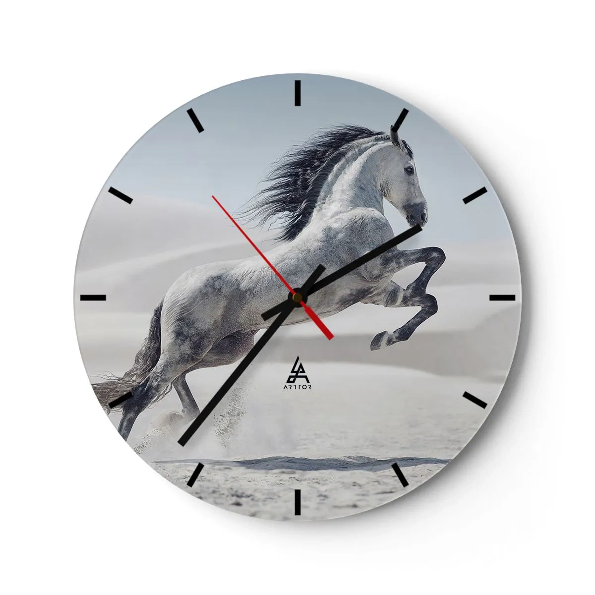 Orologio da parete - Orologio in Vetro - Un cavallo arabo che salta su uno sfondo desertico - 30x30cm - Il principe arabo - Decorazione murale moderna per soggiorno, cucina e camera da letto ARTTOR
