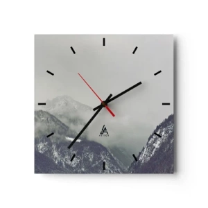 Orologio da parete - Orologio in Vetro - Una valle di montagna avvolta nella nebbia in sfumature di grigio - 30x30cm - La valle delle nebbie - Decorazione murale moderna per soggiorno e camera da letto ARTTOR