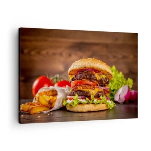Quadro su tela - Stampe su Tela - Hamburger appetitoso con extra - 70x50cm - Frutto proibito - Decorazione murale moderna per soggiorno e camera da letto ARTTOR