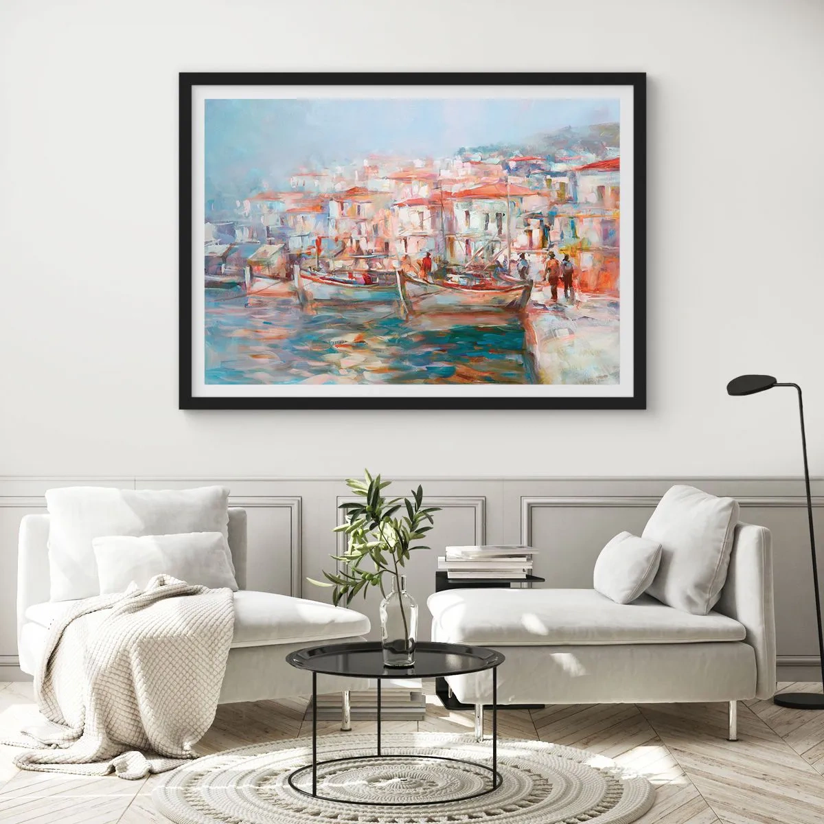 Poster in cornice nera - Impressione del porto con barche ed edifici - 100x70cm - Vacanze in pastello - Decorazione murale moderna per soggiorno e camera da letto ARTTOR