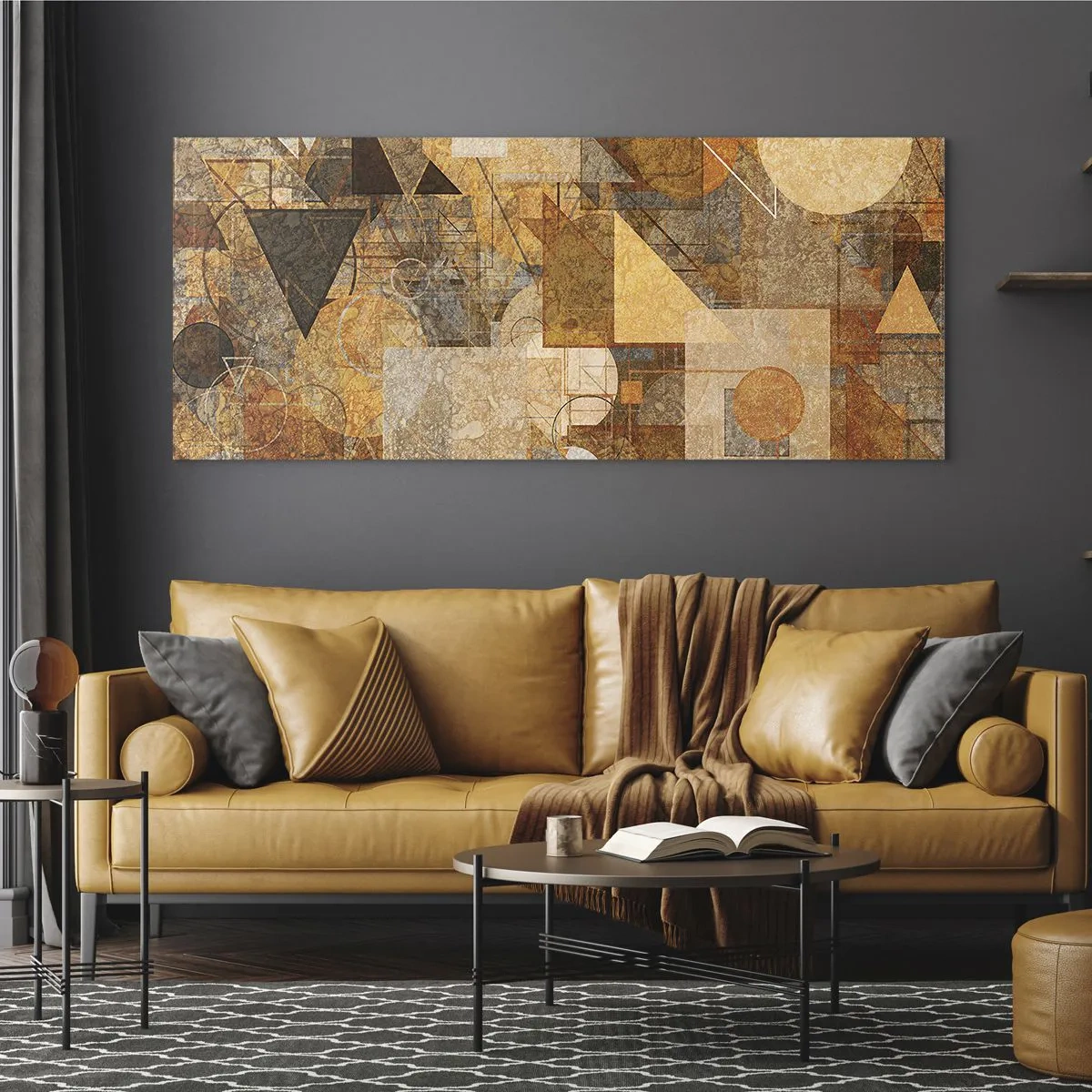 Quadro su vetro - Figure geometriche astratte in tonalità calde - 140x50cm - Studio cubista in marrone - Decorazione murale moderna per soggiorno e camera da letto ARTTOR