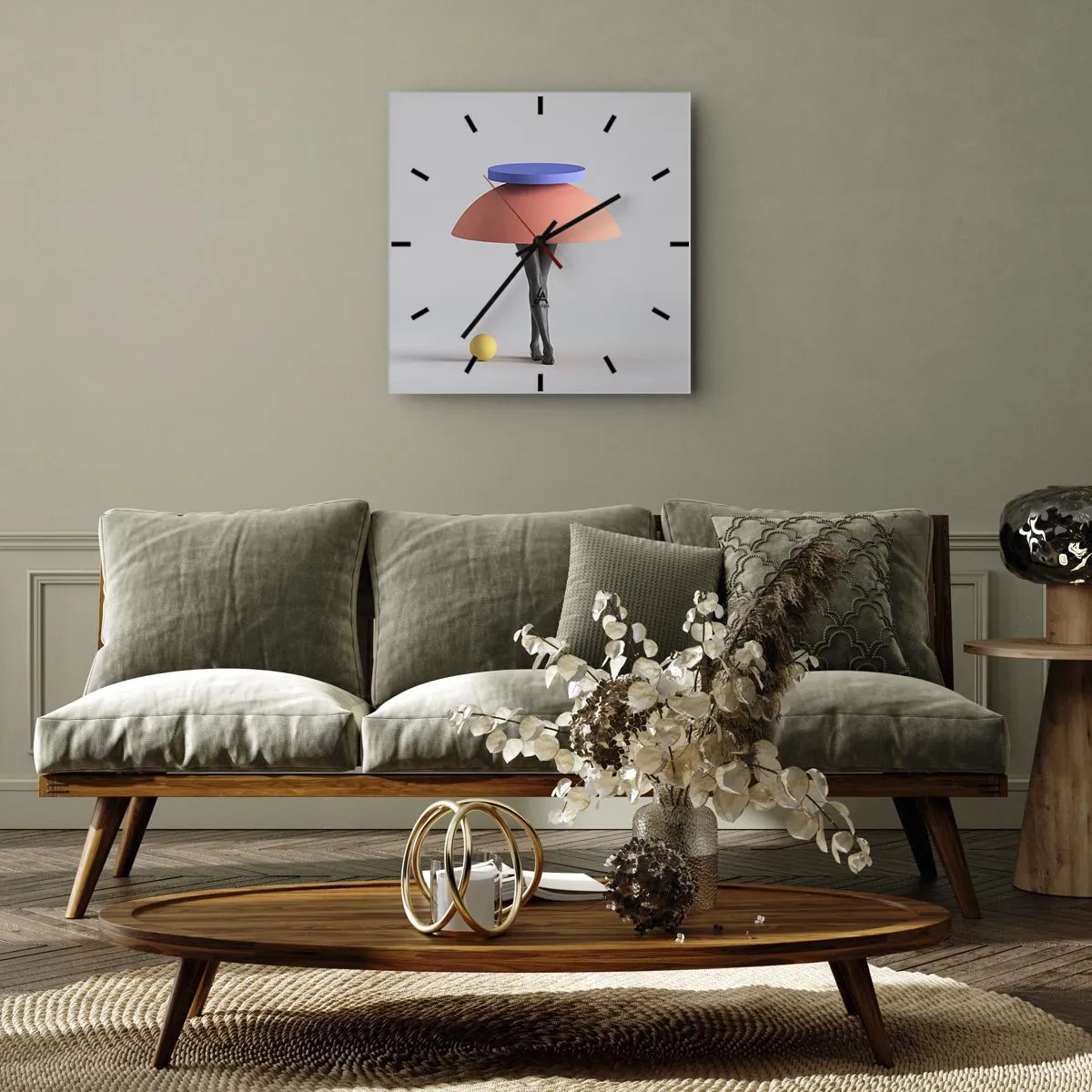 Orologio da parete - Orologio in Vetro - Composizione geometrica astratta con gambe e una palla - 30x30cm - Composizione surrealista - Decorazione murale moderna per soggiorno e camera da letto ARTTOR