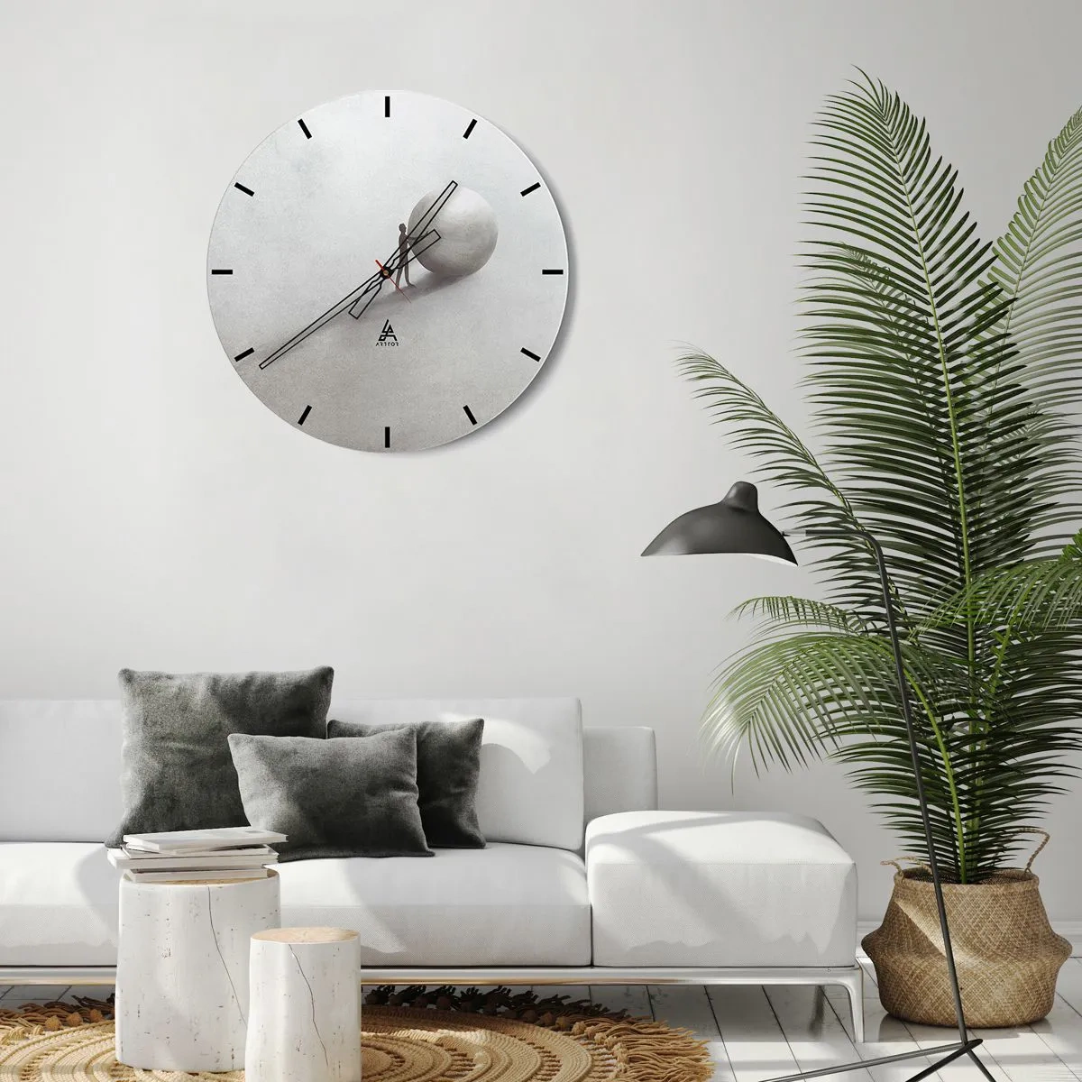 Orologio da parete - Orologio in Vetro - Una figura spinge una palla su uno sfondo luminoso di deserto in una scena simbolica. - 30x30cm - Il gioco della vita - Decorazione murale moderna per soggiorno, cucina e camera da letto ARTTOR