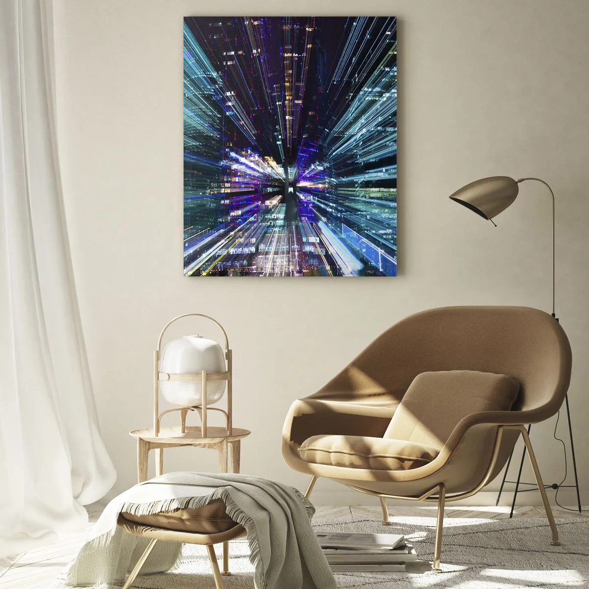 Quadro su vetro - Linee di luce dinamiche sullo sfondo di una città notturna - 50x70cm - Passaggio nell'iperspazio - Decorazione murale moderna per soggiorno e camera da letto ARTTOR