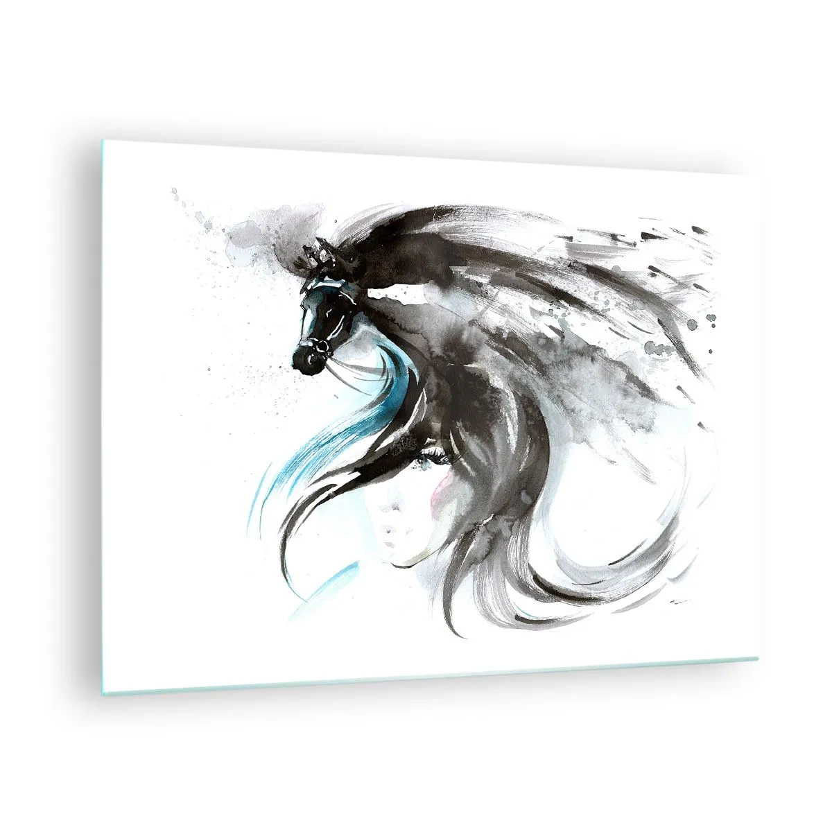 Quadro su vetro - Ritratto di una donna e di un cavallo in una composizione artistica e dinamica - 70x50cm - Il galoppo del Principe Nero - Decorazione murale moderna per soggiorno e camera da letto ARTTOR