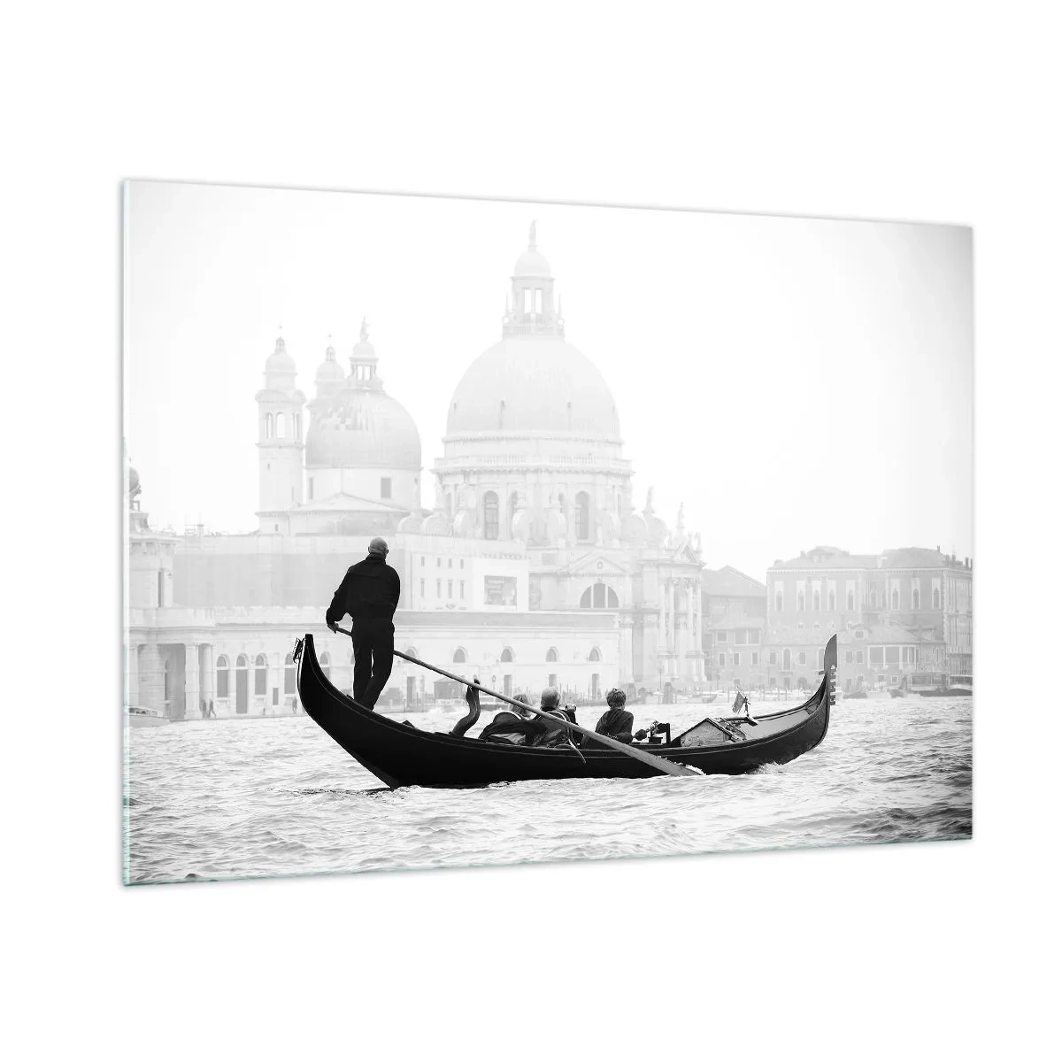 Quadro su vetro - Una gondola bianca e nera sullo sfondo di Venezia - 100x70cm - Viaggio alla fonte della bellezza - Decorazione murale moderna per soggiorno e camera da letto ARTTOR