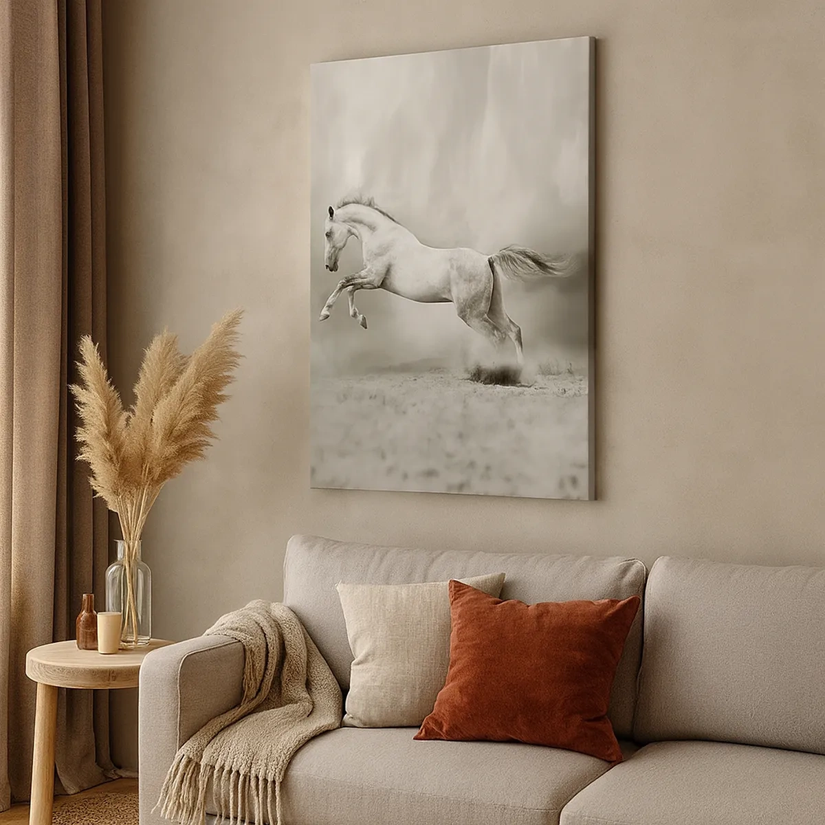 Quadro su tela - Stampe su Tela - Un cavallo bianco in un salto dinamico sullo sfondo di nuvole nebbiose. - 50x70cm - Tra la veglia e il sonno, - Decorazione murale moderna per soggiorno e camera da letto ARTTOR