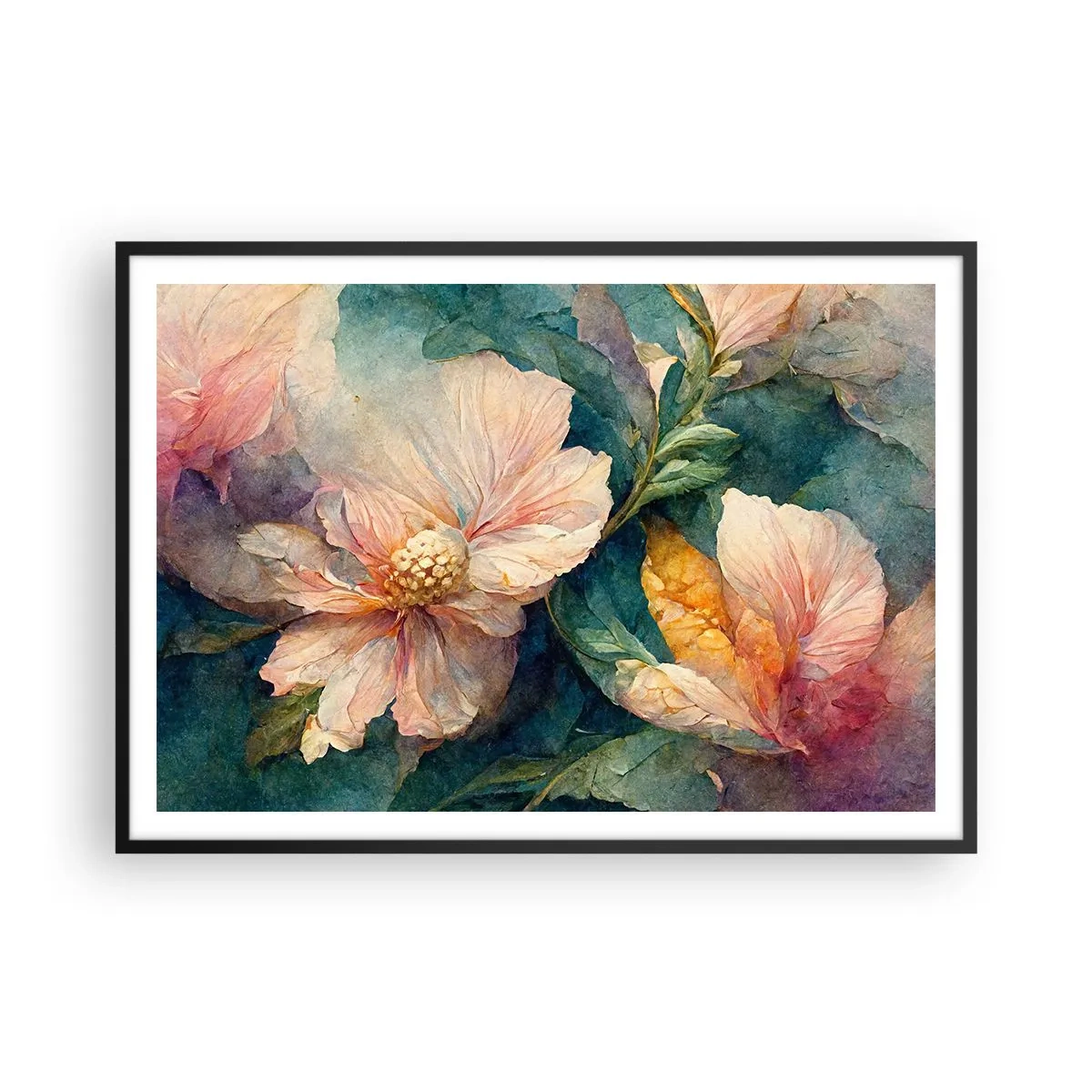 Poster in cornice nera - Fiori delicati in colori pastello - 100x70cm - Delicatezza pura - Decorazione murale moderna per soggiorno e camera da letto ARTTOR