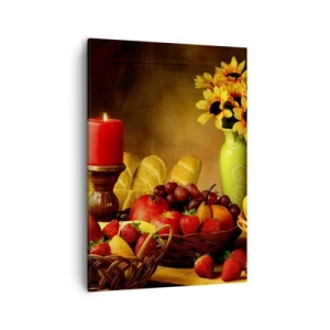 Quadro su tela - Stampe su Tela - Natura morta con frutta, pane, candela e fiori - 50x70cm - Natura morta con pane e frutta - Decorazione murale moderna per soggiorno e camera da letto ARTTOR