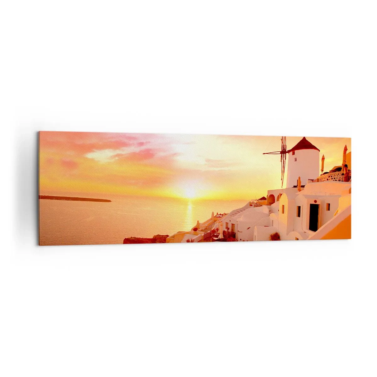 Quadro su tela - Stampe su Tela - Santorini al tramonto con un mulino a vento - 160x50cm - Sciogliersi nel bianco e nell'oro - Decorazione murale moderna per soggiorno e camera da letto ARTTOR