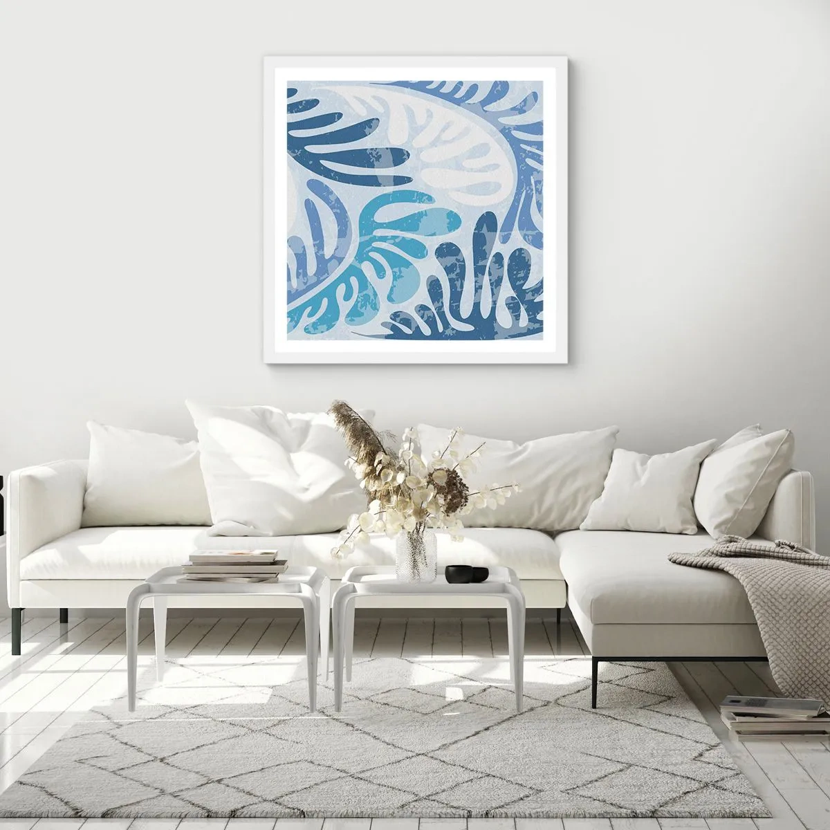 Poster in cornice bianca - Felci blu - 60x60 cm