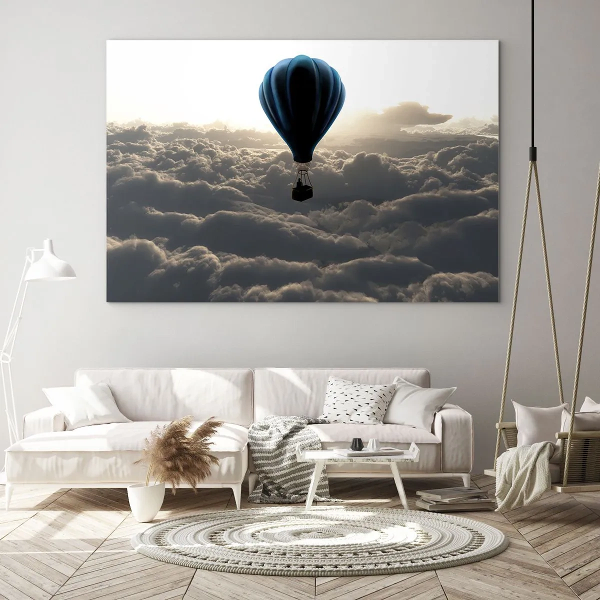 Quadro su vetro - Un pallone che fluttua sopra le nuvole all'alba - 100x70cm - Viaggiatore sopra le nuvole - Decorazione murale moderna per soggiorno e camera da letto ARTTOR
