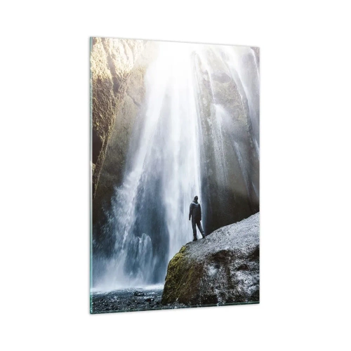 Quadro su vetro - Una figura sullo sfondo di una maestosa cascata in una gola rocciosa - 80x120cm - Ripristino delle proporzioni - Decorazione murale moderna per soggiorno e camera da letto ARTTOR
