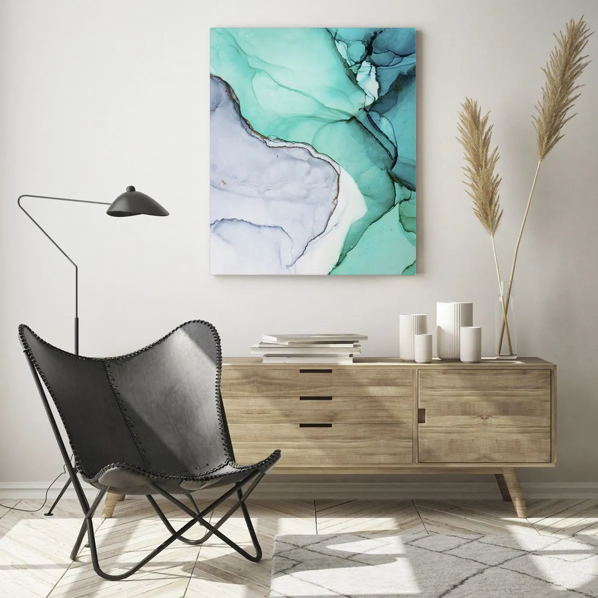 Quadro su vetro - Motivo astratto nei toni del turchese e del bianco - 70x100cm - Studio in turchese - Decorazione murale moderna per soggiorno e camera da letto ARTTOR