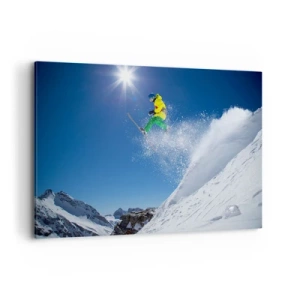 Quadro su tela - Stampe su Tela - Sciatore in aria con le montagne sullo sfondo - 120x80cm - Ballando con i monti - Decorazione murale moderna per soggiorno e camera da letto ARTTOR