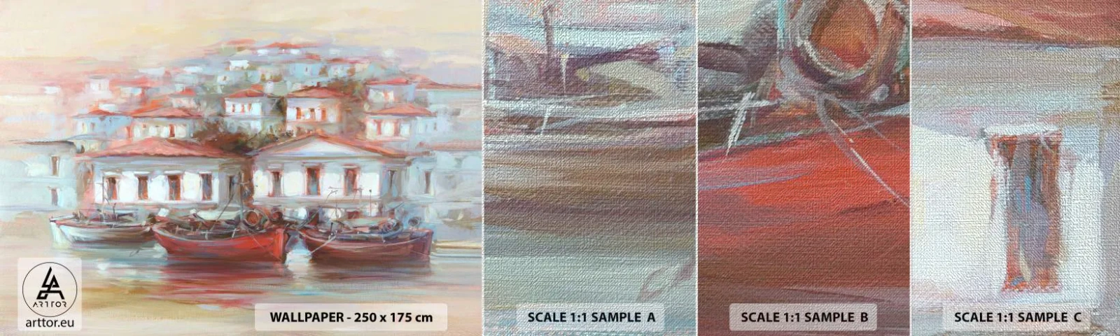 Campione di Fotomurale Premium Canvas - Cittadina felice - Architettura, Barca a vela, Porto - 100x30 cm