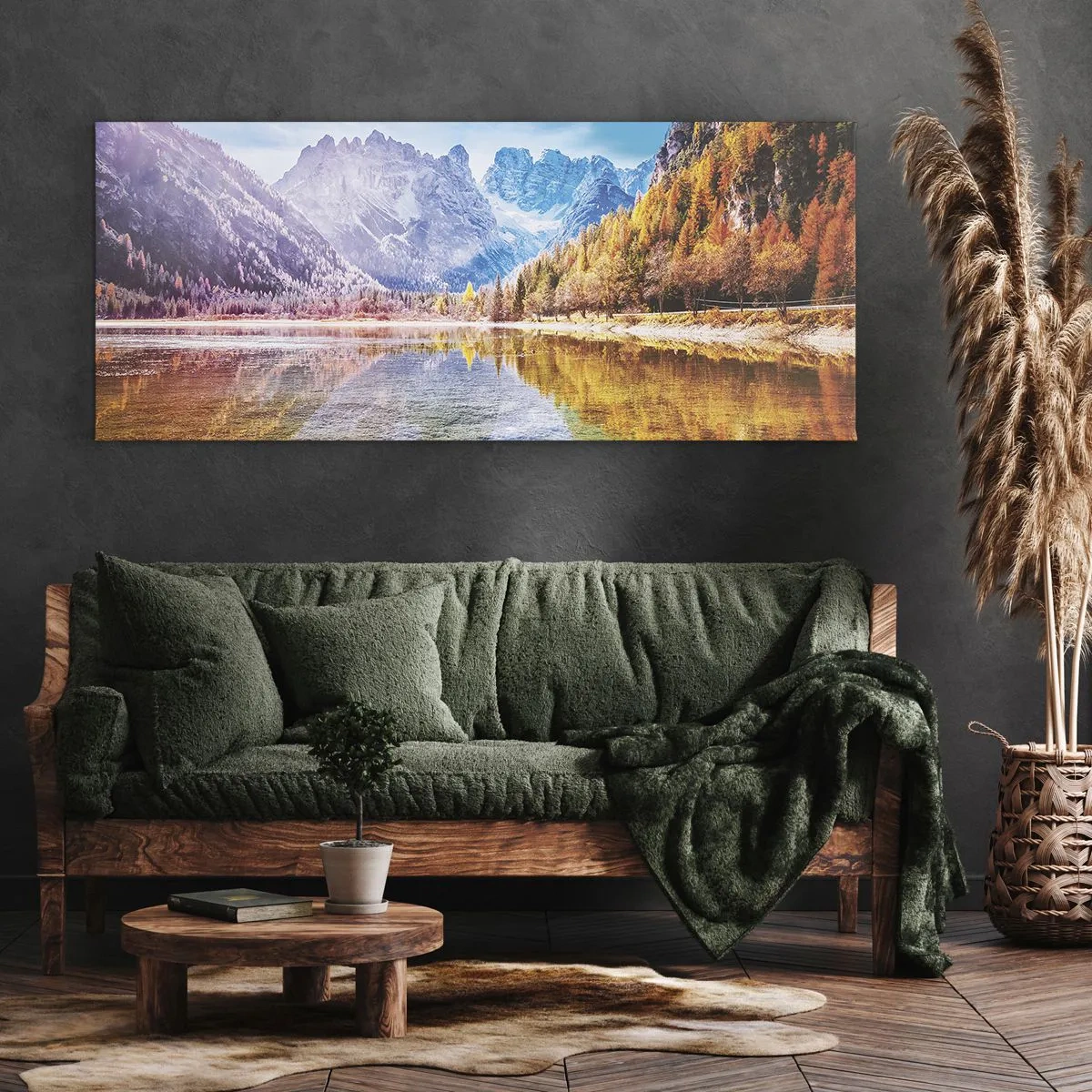 Quadro su tela - Stampe su Tela - Paesaggio montano autunnale con lago - 120x50cm - E nei monti è già autunno - Decorazione murale moderna per soggiorno e camera da letto ARTTOR