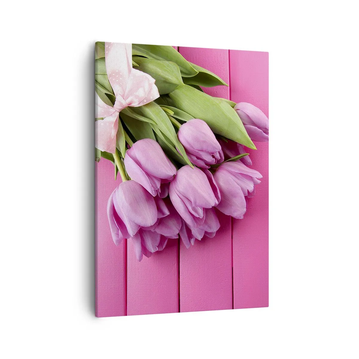 Quadro su tela - Stampe su Tela - Un mazzo di tulipani rosa con un fiocco su uno sfondo rosa - 50x70cm - Proprio per te - Decorazione murale moderna per soggiorno e camera da letto ARTTOR