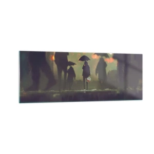 Quadro su vetro - Una figura con un ombrello in una sera piovosa tra le luci della città - 140x50cm - Dalla prospettiva di una goccia di pioggia - Decorazione murale moderna per soggiorno e camera da letto ARTTOR