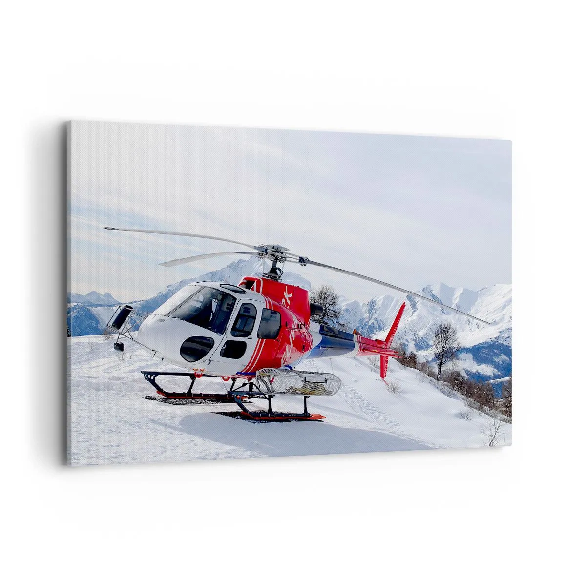 Quadro su tela - Stampe su Tela - Un elicottero rosso sullo sfondo di un paesaggio montano innevato. - 100x70cm - Sempre pronto - Decorazione murale moderna per soggiorno e camera da letto ARTTOR