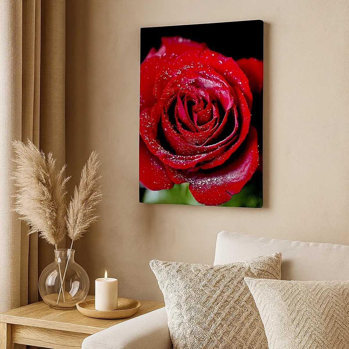 Quadro su tela - Stampe su Tela - Una rosa rossa ricoperta di gocce di rugiada su uno sfondo nero. - 50x70cm - Ecco l'amore - Decorazione murale moderna per soggiorno e camera da letto ARTTOR