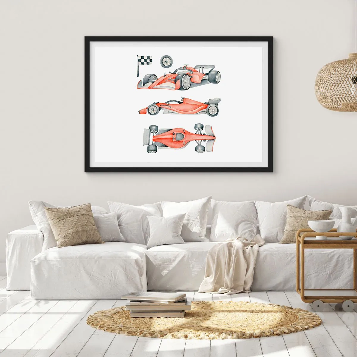 Poster in cornice nera - Un'auto da corsa rossa con una bandiera a scacchi - 70x50cm - Inseguendo i sogni - Decorazione murale moderna per soggiorno e camera da letto ARTTOR