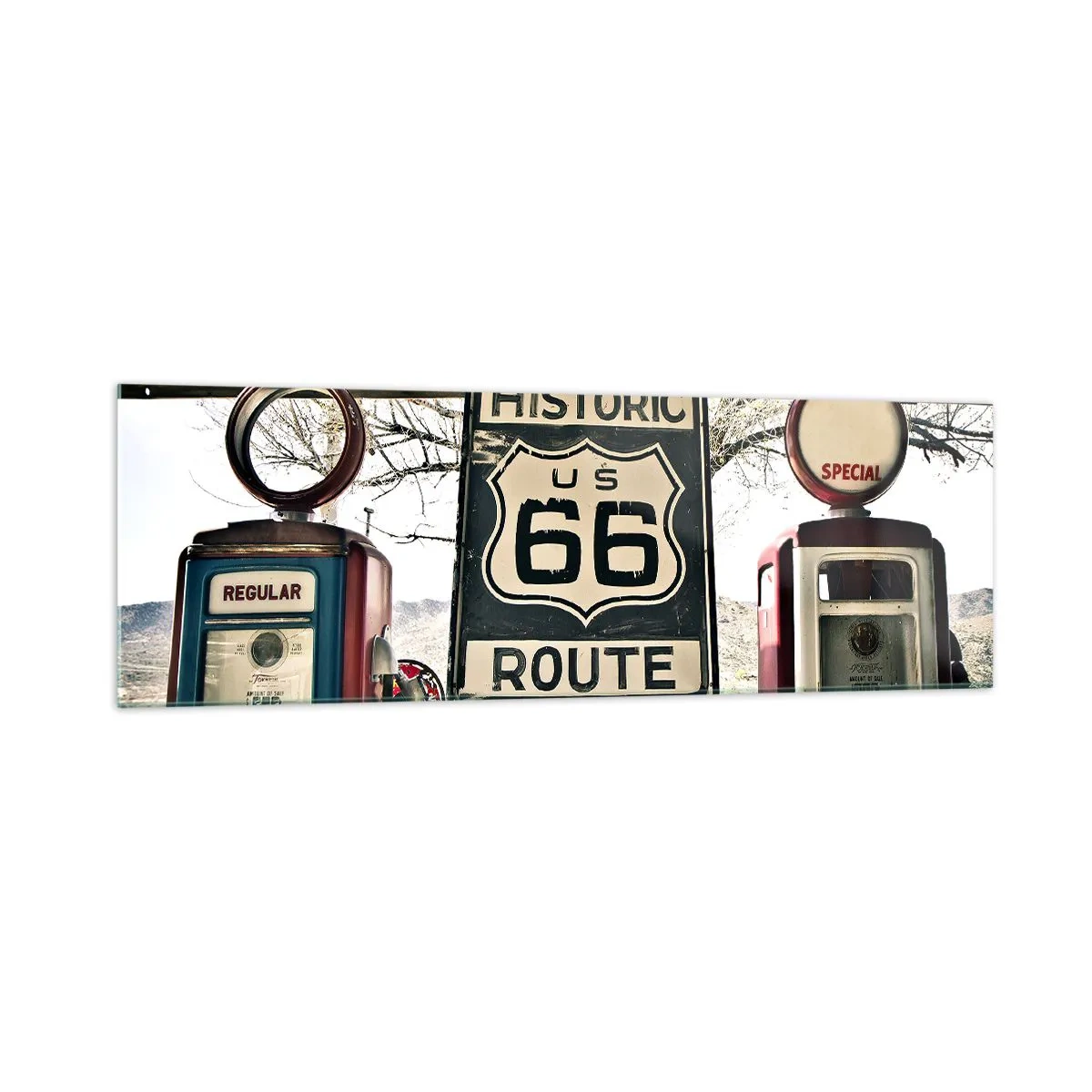 Quadro su vetro - Stazione di servizio storica della Route 66 - 160x50cm - Viaggio retro americano - Decorazione murale moderna per soggiorno e camera da letto ARTTOR