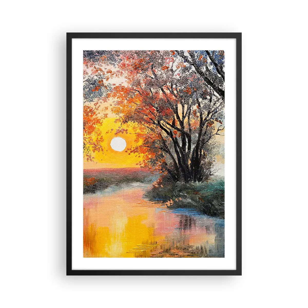 Poster in cornice nera - Tramonto su un fiume con alberi - 50x70cm - Atmosfera autunnale - Decorazione murale moderna per soggiorno e camera da letto ARTTOR