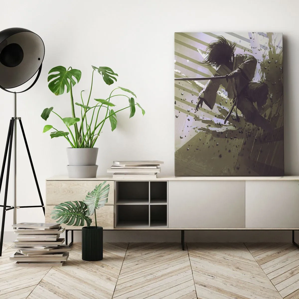 Quadro su tela - Stampe su Tela - Combattimento dinamico tra due personaggi in stile futuristico - 70x100cm - Anche tu puoi essere un samurai - Decorazione murale moderna per soggiorno e camera da letto ARTTOR