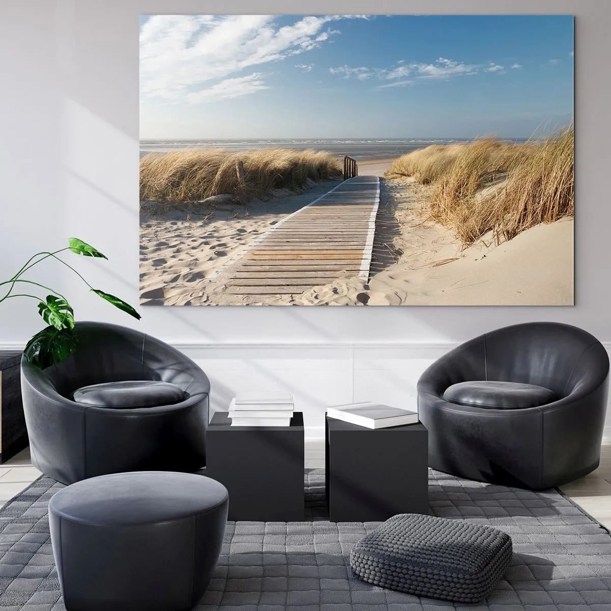 Quadro su vetro - Sentiero in legno attraverso le dune che conduce alla spiaggia - 120x80cm - Dopo la duna, nel fruscio dell'erba - Decorazione murale moderna per soggiorno e camera da letto ARTTOR