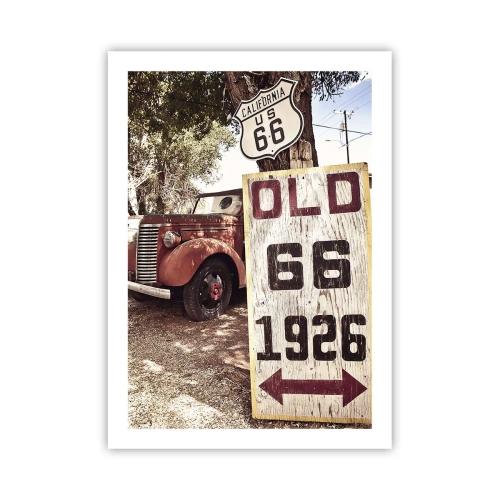 Poster - Vettura d'epoca al cartello della Route 66 - 50x70cm - La leggenda della provincia americana - Decorazione murale moderna per soggiorno e camera da letto ARTTOR